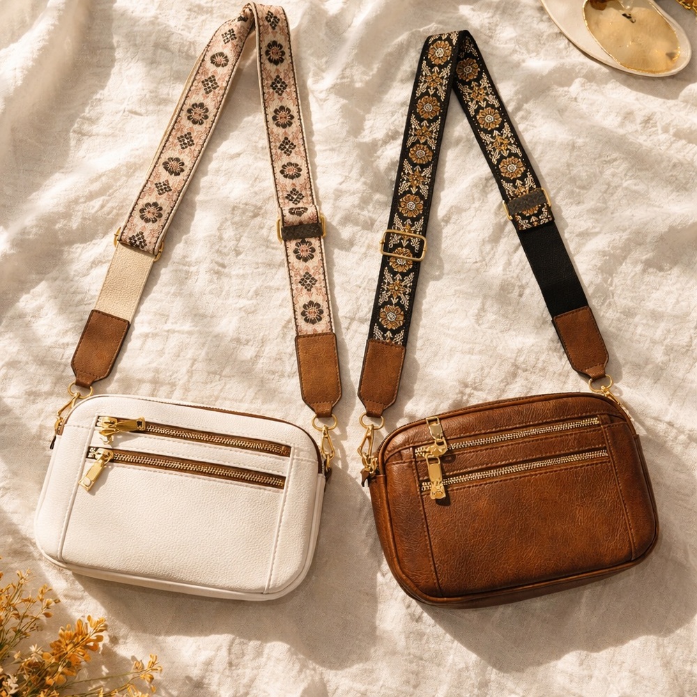 Women's Crossbody Bags with Decorative Strap - White and brown 2 bag bundle